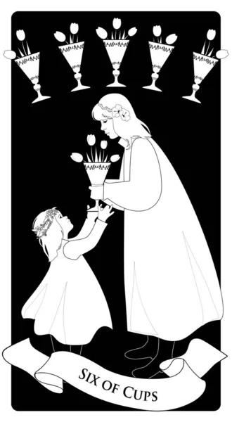 Sex koppar. Tarotkort. En ung tonårstjej som erbjuder en gyllene kopp med blommor till en liten flicka. Fem gyllene koppar med tulpan blommor i bakgrunden. — Stock vektor
