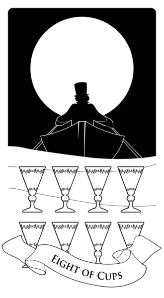 Acht der Tassen. Tarotkarten. Bootsilhouette auf den Wellen, in der ein Mann mit Hut rudert und sich am Horizont entfernt. Acht goldene Pokale im Vordergrund — Stockvektor