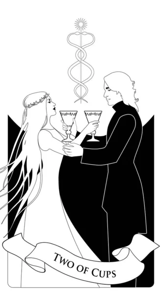 Dos de tazas. Tarjetas del tarot. Una joven pareja que se ofrece una copa de oro. Caduceo símbolo de dos serpientes entrelazadas — Vector de stock