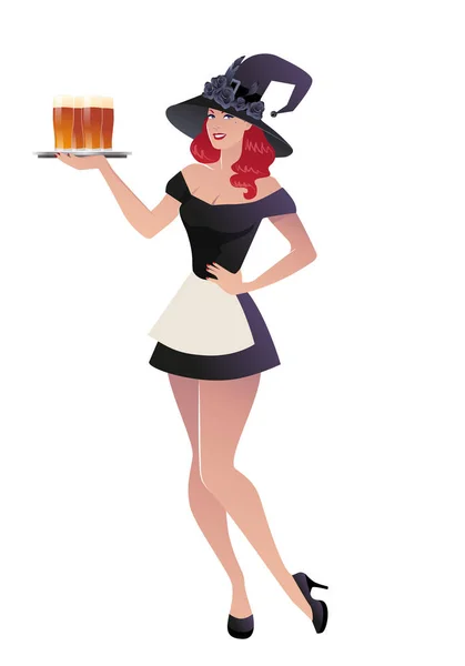Bruxa estilo pinup retro bonita, segurando uma bandeja com cervejas, isolado no fundo branco — Vetor de Stock