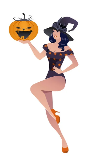 Beautiful retro pinup style witch holding a pumpkin, isolated on white background — Stock Vector