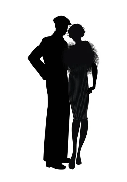 Silueta páru retro stylu 20 nebo 30. Muž s čapkou a děvčetem, oblečený do kožešin, izolovaný na bílém pozadí. — Stockový vektor
