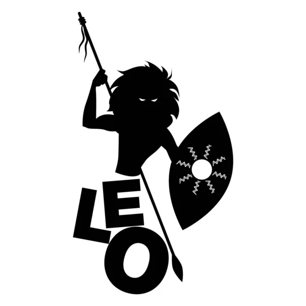 Zodíaco tribal. Leo. Hombre de cabeza de león, sosteniendo una lanza y sosteniendo un escudo, aislado sobre fondo blanco — Vector de stock