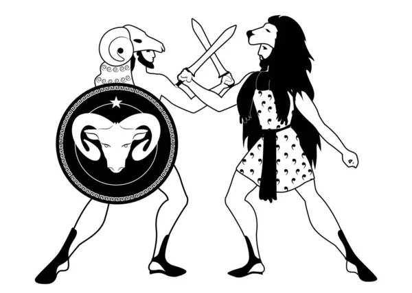 Heróis gregos batendo suas espadas. Jason e Hércules. O velo e o leão. Escudo com a imagem de carneiro. Estilo grego antigo — Vetor de Stock