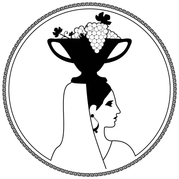 Mujer vestida al estilo clásico griego o romano, llevando frutero con hojas de uva y uvas en la cabeza. Viña . — Vector de stock