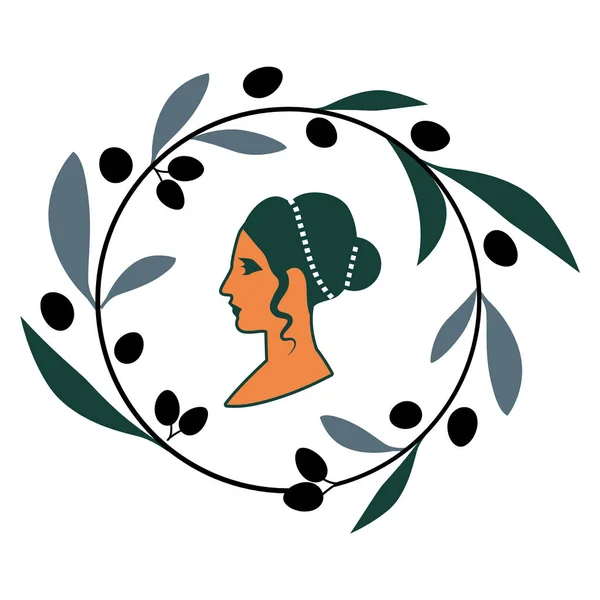 Guirlanda de folhas de oliveira em torno do rosto de uma mulher no estilo de antigas civilizações mediterrâneas — Vetor de Stock