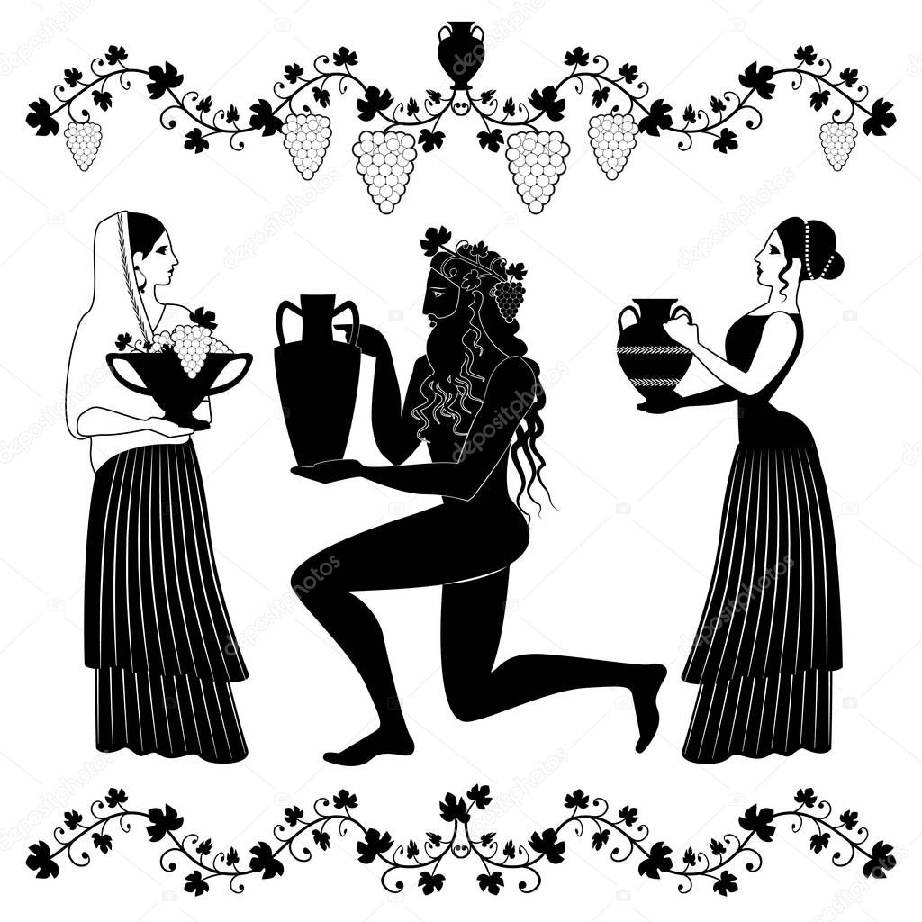 Women holding vessel and fruit bowl and man or God Dionysus kneeling, grabbing amphora and crowned with grape leaves and grapes. Vine ornaments and bunches of grapes. Ancient Greece style