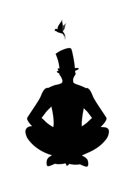 Σιλουέτα του νεαρού άνδρα, κάθεται στο πάτωμα, φορώντας ψηλό καπέλο και ένα χελιδόνι στο κεφάλι του, απομονωμένο σε λευκό φόντο — Διανυσματικό Αρχείο