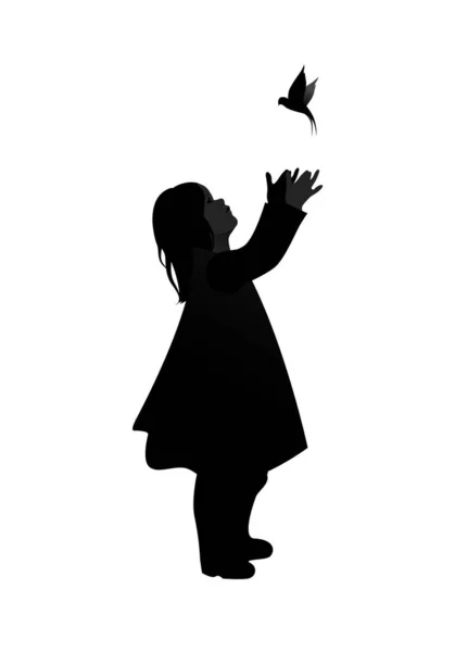 Silhouette of girl trying to reach a swallow, isolated on white background — ストックベクタ