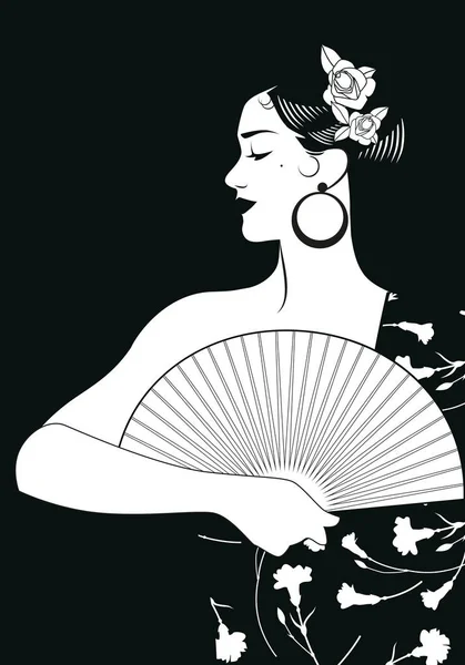 Mulher espanhola bonita com ventilador, vestindo xale bordado de cravos e rosas em seu cabelo — Vetor de Stock