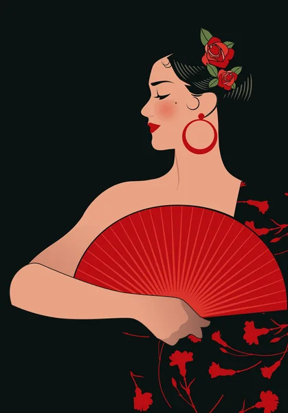 Vacker spansk kvinna med fläkt, bär broderade sjal av nejlikor och rosor i håret — Stock vektor