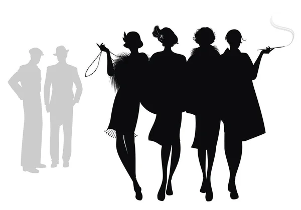 Silhouettes of four flapper girls walking together and two men in the background. Isolated on white background — ストックベクタ