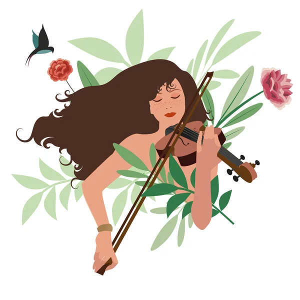 美しい女の子は鳥 葉や花に囲まれたバイオリンを演奏 — ストックベクタ