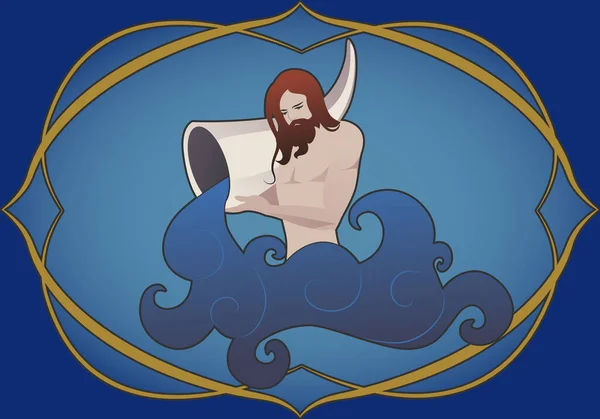 Знак Зодиака Водолей Бородатая Водяная Гончая Льет Воду Рога Изобилия — стоковый вектор