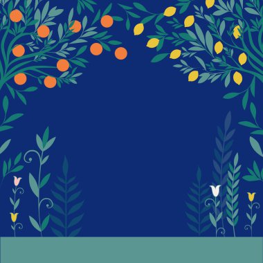 Basitleştirilmiş bitkilerin, çiçeklerin, portakal ve limon ağaçlarının çiçekli arka planı