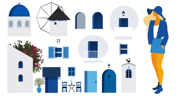 Collection Architectural Items Build Typical Scene Greek Islands Young Tourist — Stock Vector