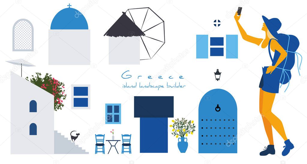 Collection of architectural items to build a typical scene of the Greek Islands and young tourist girl taking selfie