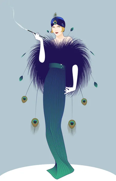 美丽而优雅的女士 抽着烟斗 穿着贝勒埃波克风格的衣服 装饰着孔雀羽毛 — 图库矢量图片