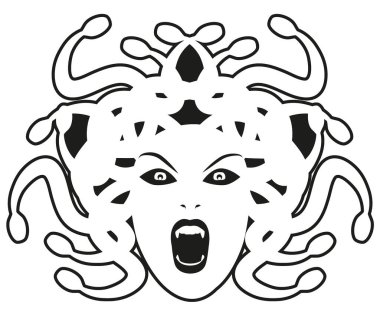 Medusa 'nın başı. Beyaz arka planda izole edilmiş, insan görünümlü ve yılan tüylü mitolojik bir yaratık.