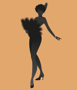 Seksi bayan retro Burlesque tarzının silueti tüy hayranı. 