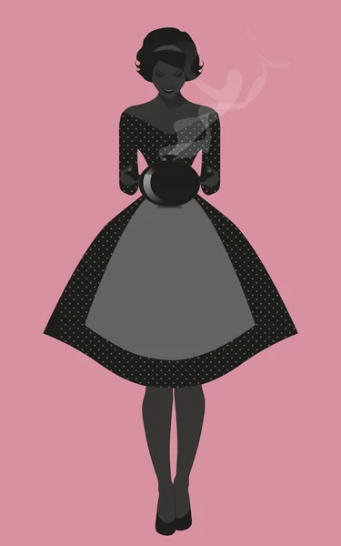 Silhouette Housewife Dressed Style 50S Polka Dot Dress Carrying Steaming — Stock Vector