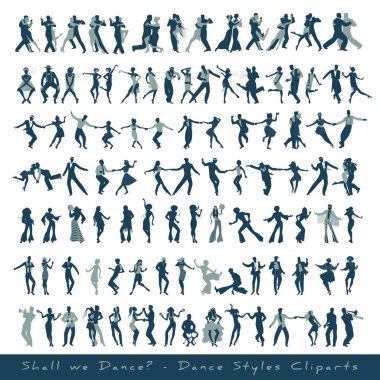 Dans stilleri koleksiyon toplar. Tango, caz, swing, rock, pop, soul ve Latin dansçılarının siluetleri, beyaz arka planda izole edilmiş