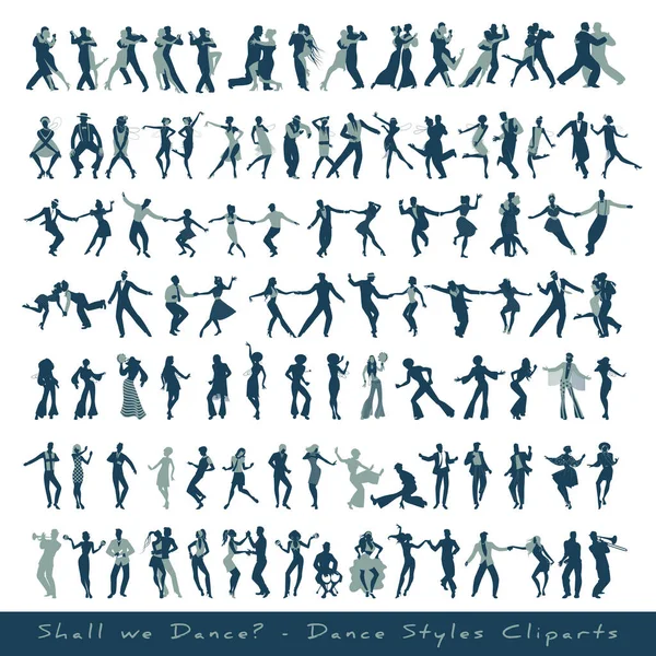 Style Danse Cliparts Collection Silhouettes Danseurs Tango Jazz Swing Rock — Image vectorielle