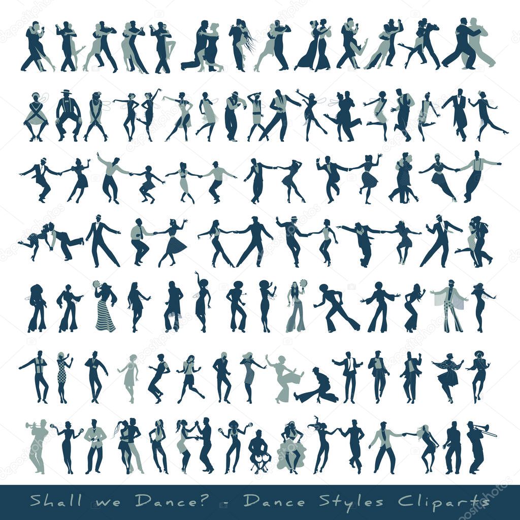 Dance styles cliparts collection. Silhouettes of tango, jazz, swing, rock, pop, soul and latin music dancers, isolated on white background