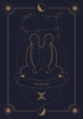 Astrolojik burç işareti. Takımyıldız ve sembol. Ay ve yıldız çerçeveli poster çizimi.