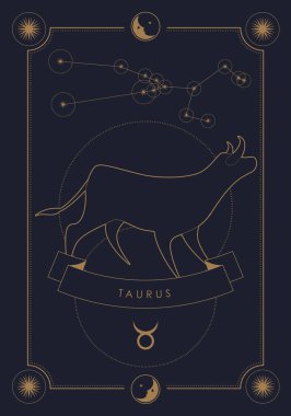 Astrolojik burç işareti. Takımyıldız ve sembol. Ay ve yıldız çerçeveli poster çizimi.