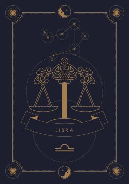 Astrolojik burç işareti. Takımyıldız ve sembol. Ay ve yıldız çerçeveli poster çizimi.