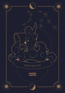 Astrolojik burç işareti. Takımyıldız ve sembol. Ay ve yıldız çerçeveli poster çizimi.