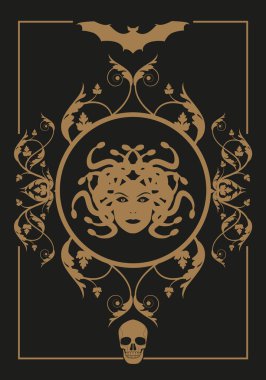 Çerçeve çizimi, korkutucu sembollerle süslemeli arka plan. Medusa, kafatasları ve vampirler. Mitoloji. Cadılar Bayramı partisi