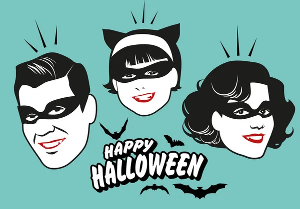 Upíří Rodina Retro Stylu Maskami Šťastný Halloween Text Obklopen Netopýry — Stockový vektor