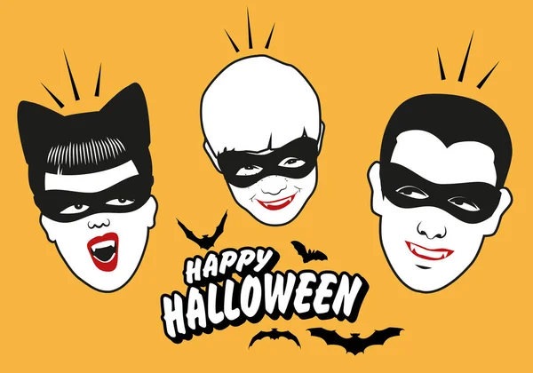 Upíří Rodina Retro Stylu Maskami Šťastný Halloween Text Obklopen Netopýry — Stockový vektor