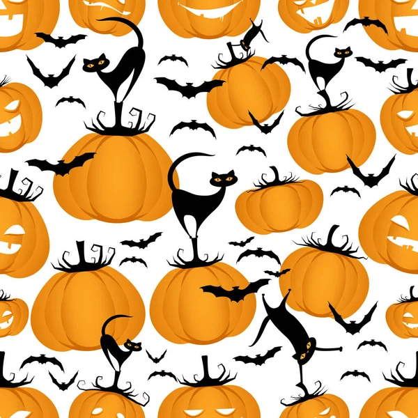 Bezproblémový Vzor Legrační Dýně Kočky Netopýři Halloween Party Background — Stockový vektor