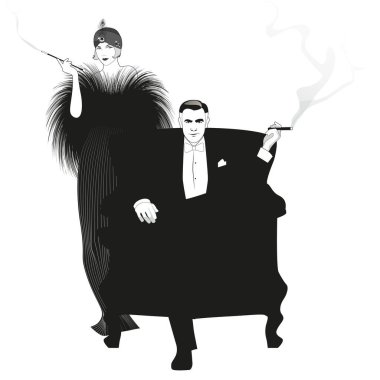 Eski parti kıyafetleri içinde puro ve pipo içen zarif bir çift. Kanatlı ve centilmen.