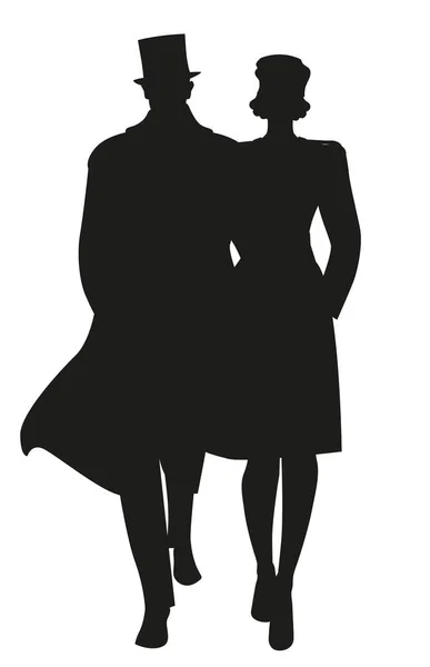 Silhouette Couple Marchant Vêtu Vêtements Style Rétro Isolé Sur Fond — Image vectorielle