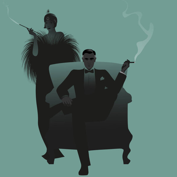 Элегантная пара, одетая в ретро-одежду для вечеринок, курит сигару и трубку. Блевун и джентльмен