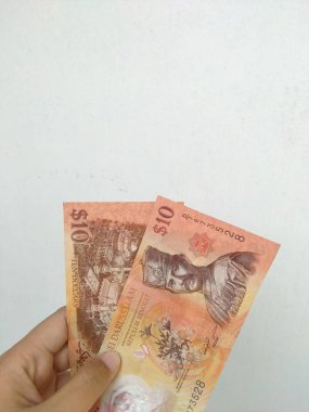 Brunei Darussalam 'ın 10 dolarlık banknotunu beyaz arka planda tutan bir el. 