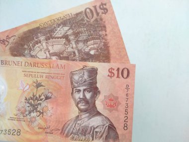 Brunei Darussalam 'ın 10 dolarlık banknotunu beyaz arka planda tutan bir el. 