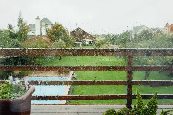 Капли дождя на окне с зеленым деревом на заднем плане — стоковое фото