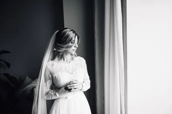 Schönheitsporträt der Braut in einem modischen Brautkleid mit Federn und luxuriösem Make-up — Stockfoto