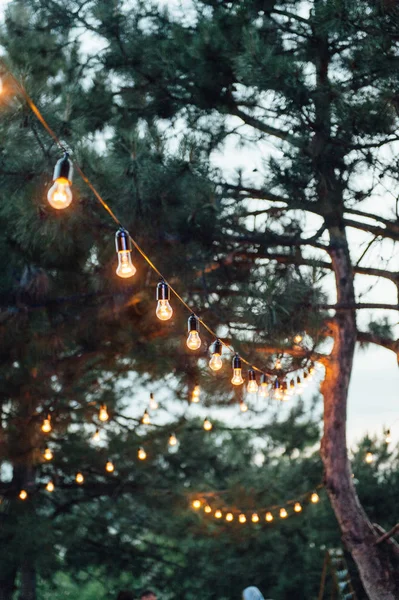 Decoração de lâmpada na festa ao ar livre, festa de casamento — Fotografia de Stock