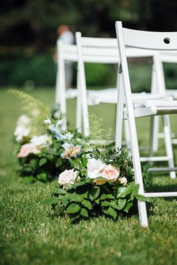 Giden düğün töreni. Dekor Stüdyosu. yeşil bir çim üzerinde beyaz ahşap sandalyeler.