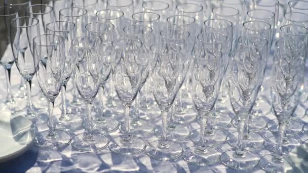 Стопку бокалов шампанского, выстроенных в ряд на столе в ожидании гостей свадебного приема — стоковое видео