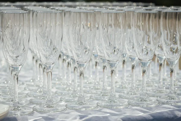 Rząd pustych kieliszków szampana na stole. Ustawienie bankietu — Zdjęcie stockowe