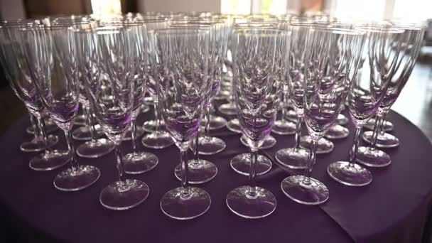 결혼식을 환영하는 손님들을 기다리고 있는 탁자 위에 줄지어 놓여 있는 샴페인 잔을 놓은 모습 — 비디오