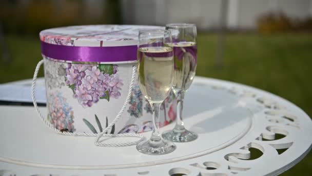 Plan de verres de champagne alignés en rangées sur une table en attendant les invités de la réception de mariage — Video