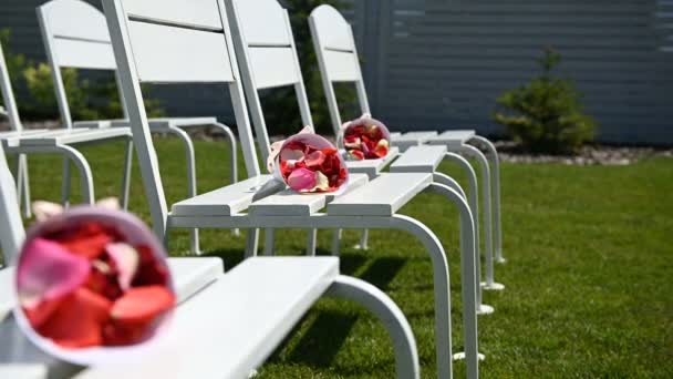 Holzschublade mit Umschlägen voller roter Blütenblätter. Perfekte Dekoration für reiche Hochzeitszeremonie — Stockvideo